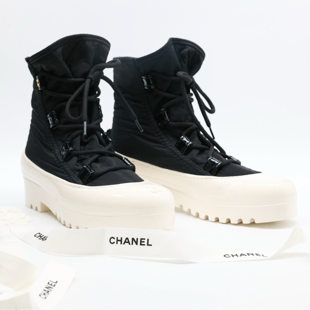 CHANEL Black Nylon Ankle Boots with White Rubber Sole size 38
